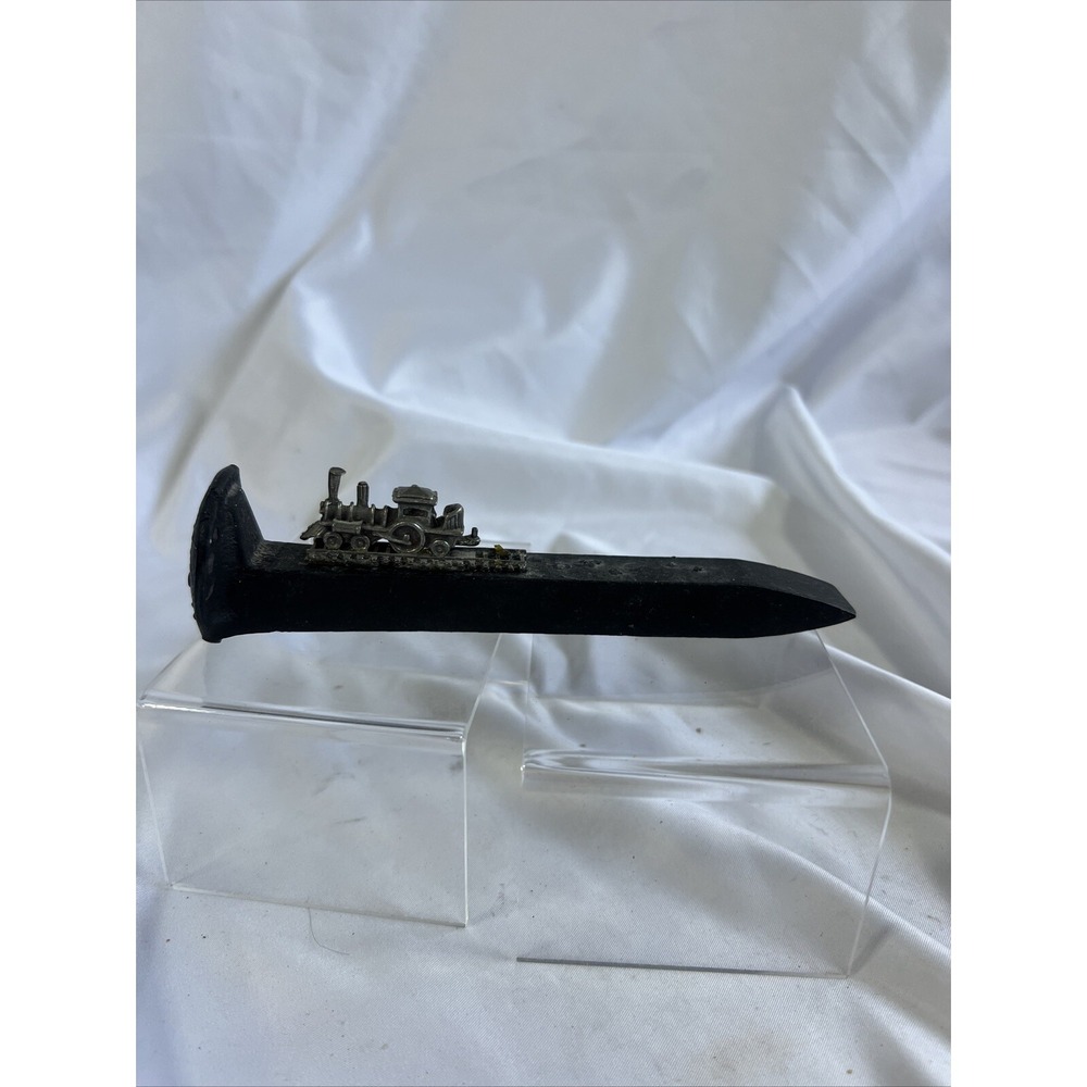 Pewter Locomotive Mining Train Model On An Iron Railroad Spike Nail